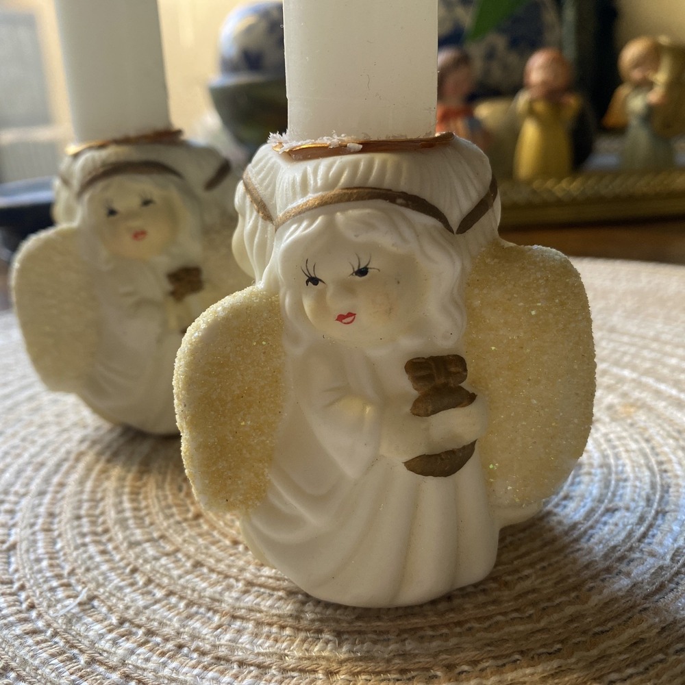 Vtg Napco CHRISTMAS ANGELS porcelain Candle Holder (2 piece set) 1950 Germany
